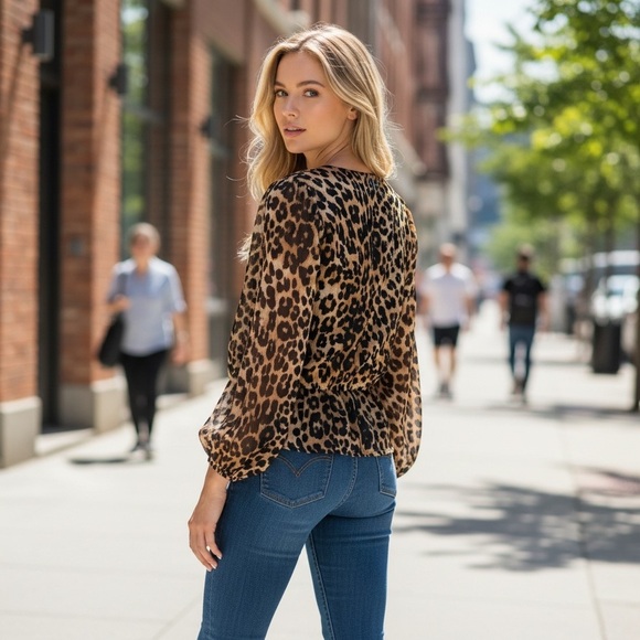 T Tahari Tops - NWT Tahari leopard print long sleeve blouse animal print peplum flowy top tan